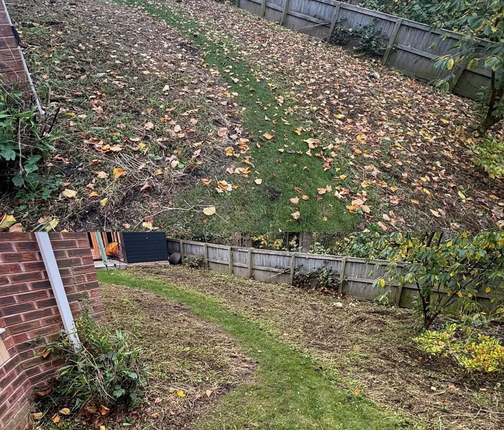 Garden before and after autumn leaf clearance